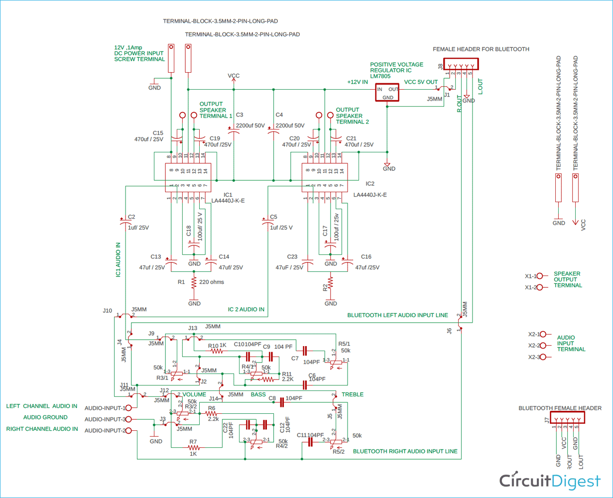 Stereo Audio Pre Amplifier Circuit With Bass And Treble Control Using Transistors