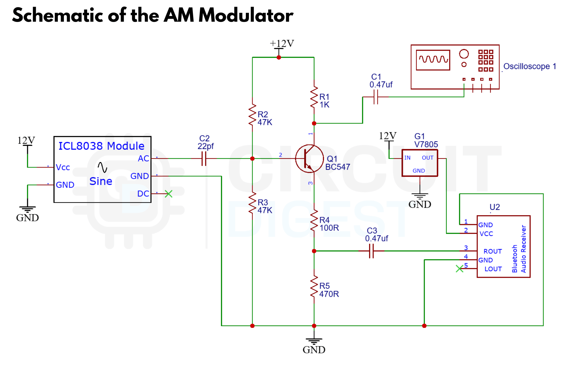 Schematic of the AM Modulator Complete AM Modulator Schematic with ICL8038 carrier generator and Bluetooth audio input
