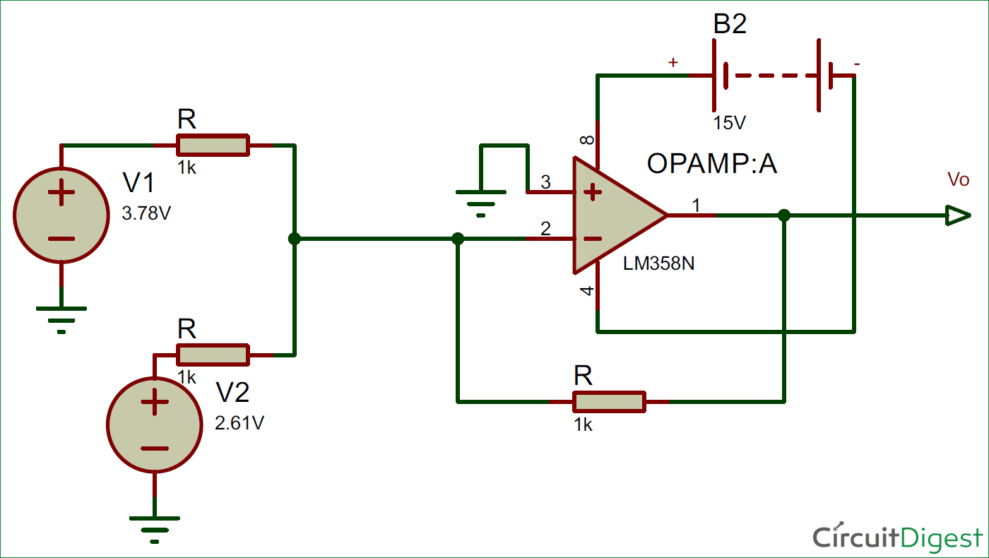 Summing Amplifier or Op Amp Adder Circuit diagram