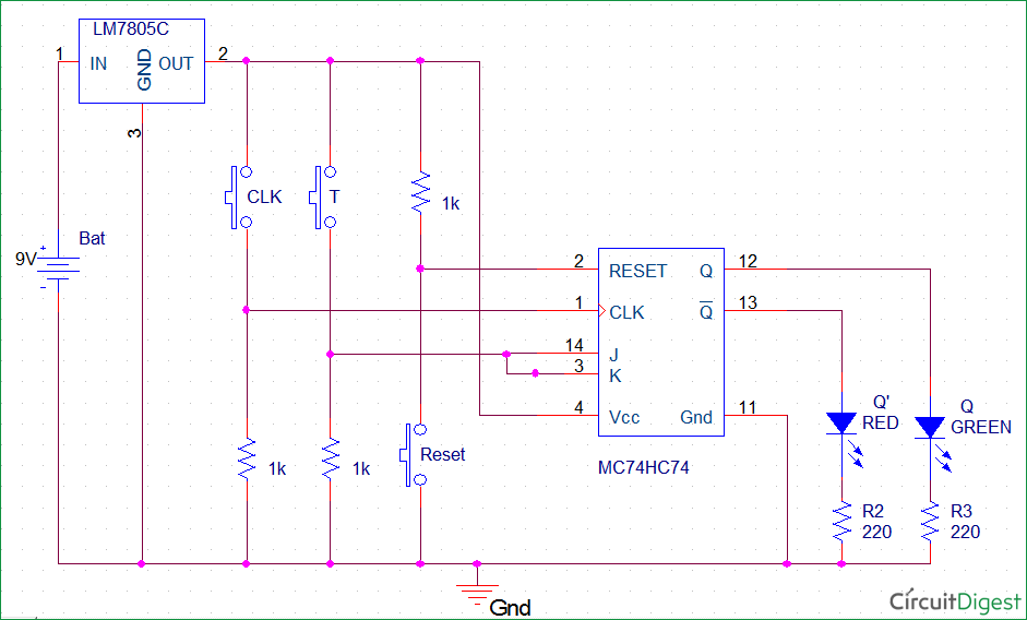 T flip-flop circuit diagram with IC-MC74HC73A