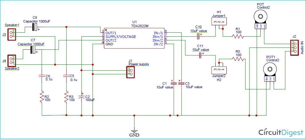 TDA2822 Stereo Audio Amplifier Circuit Diagram