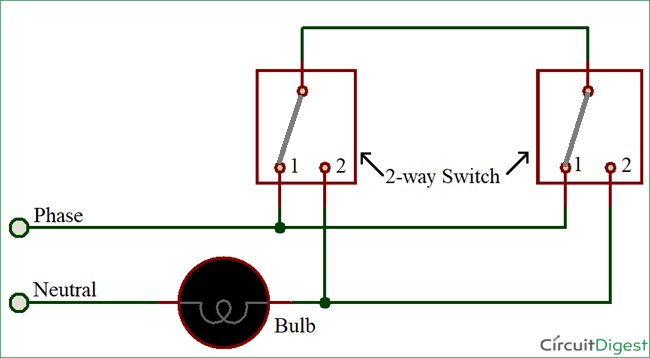 Sơ đồ mạch công tắc đèn 2 chiều sử dụng phương pháp 3 dây