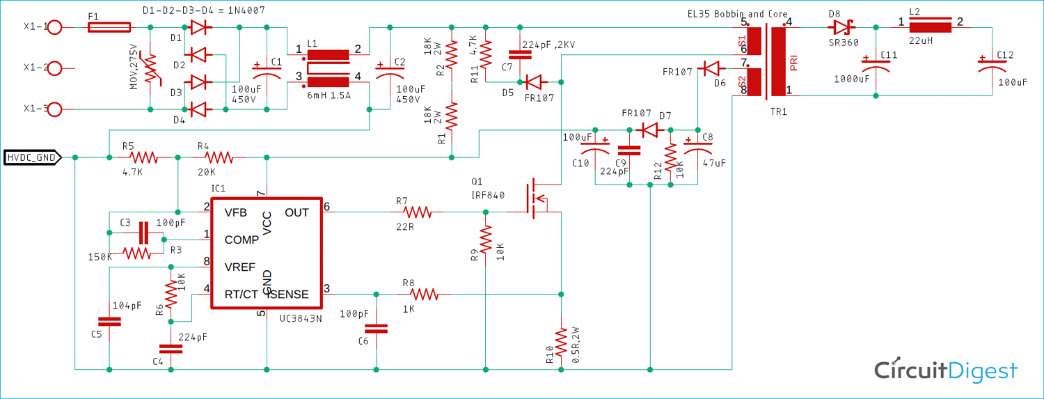 Design a 12V 27W SMPS Circuit with UC3843 SMPS Controller IC