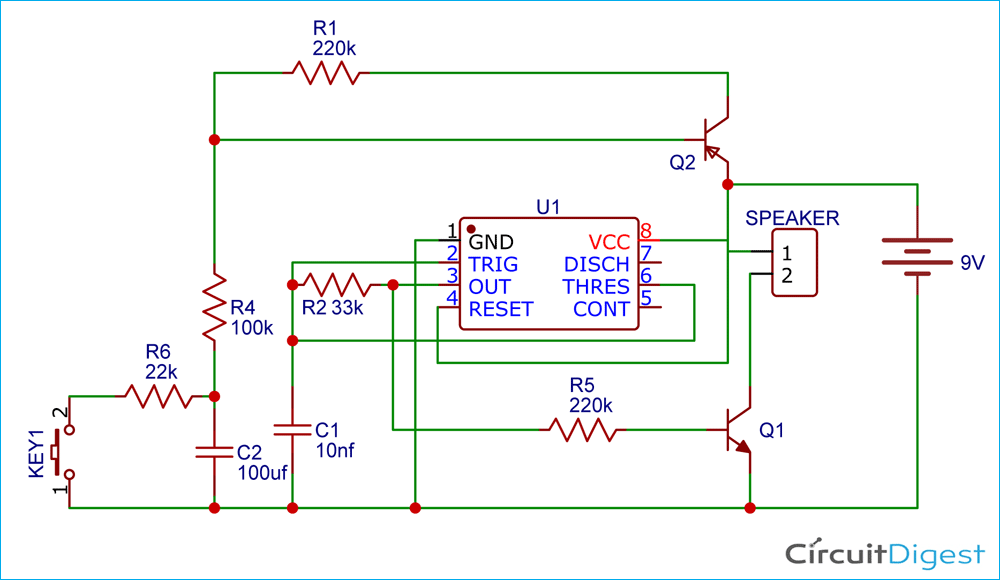 555 Timer Wailing Siren Circuit Diagram