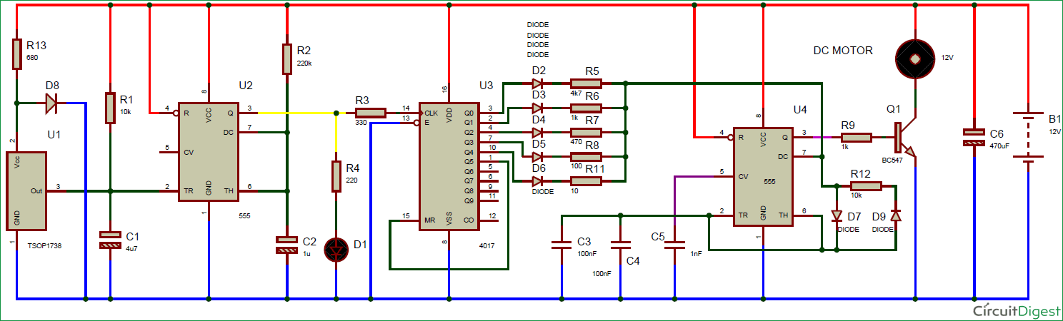 Wireless DC Motor Speed Control using IR and 555 Circuit diagram