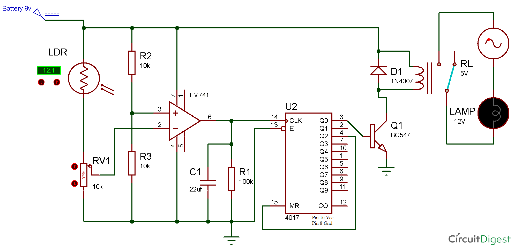 Wireless Switch Circuit using LDR and CD4017