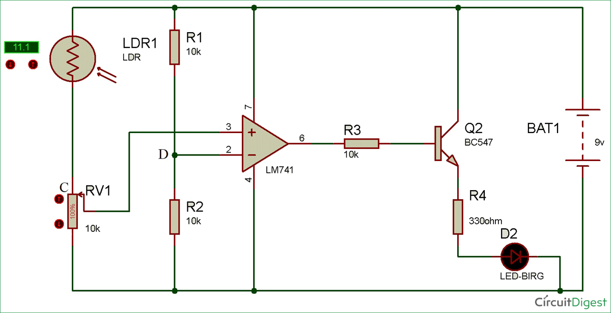 Light detector Circuit Diagram using Wheatstone bridge