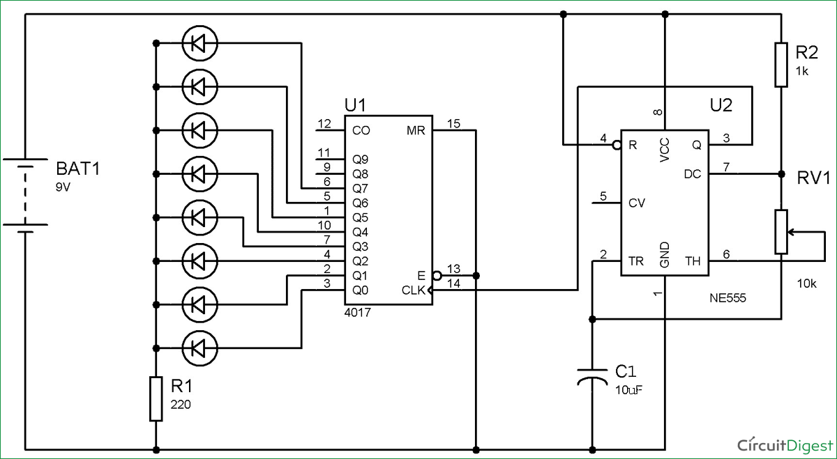 Circuit diagram of led roulette circuit using 555 timer IC