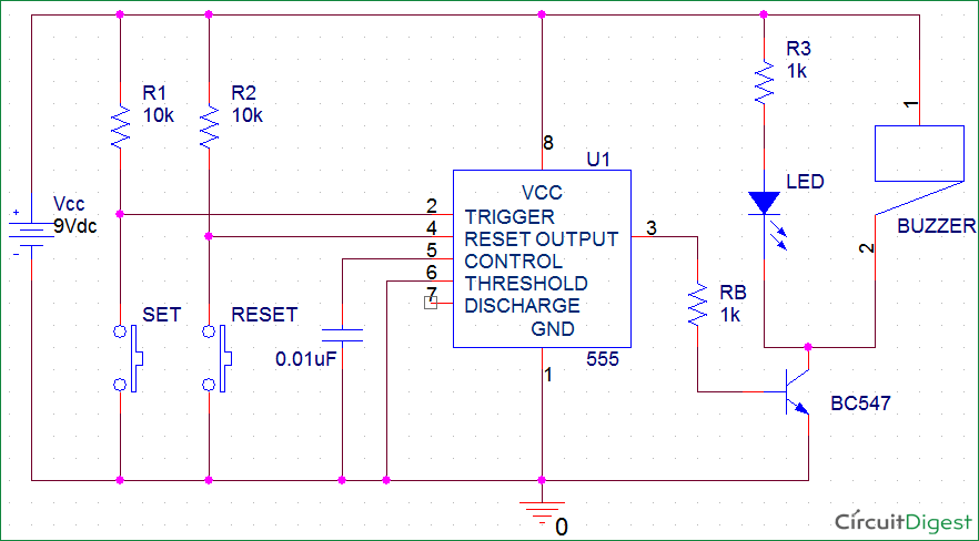 panic alarm using 555 timer IC circuit diagram