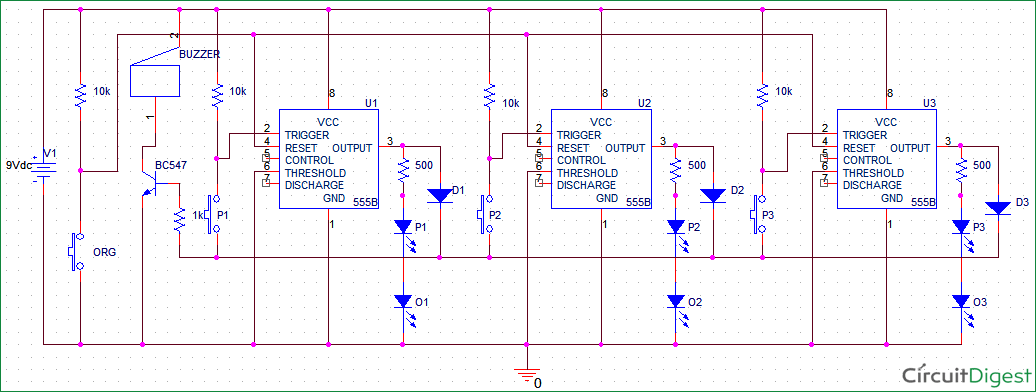 simple Quiz Buzzer using 555 Timer IC Circuit diagram