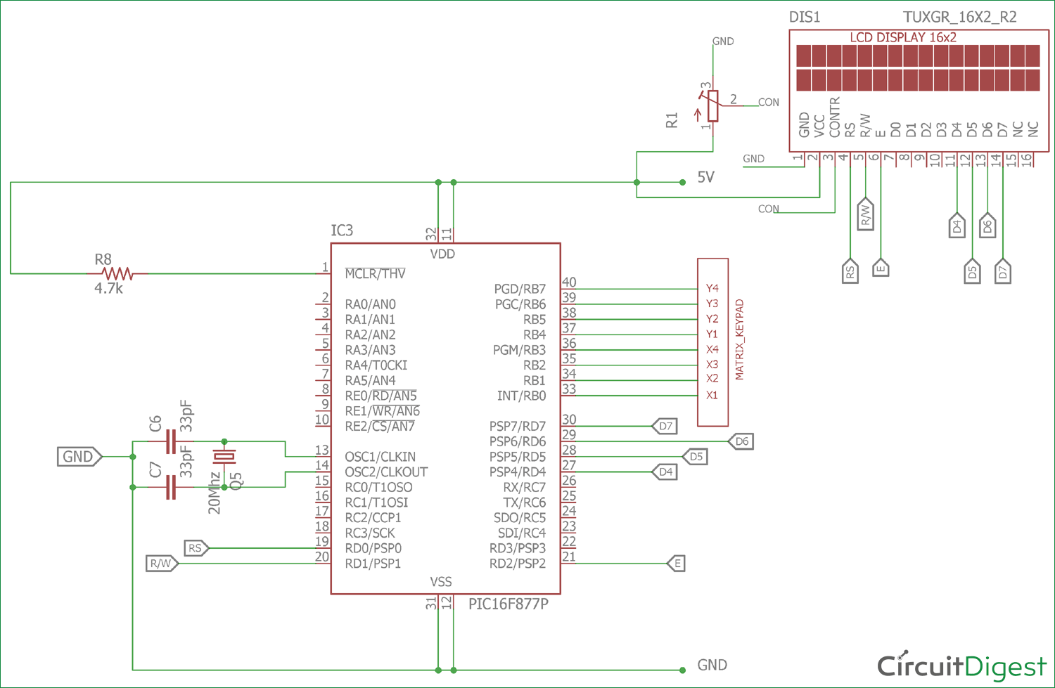 4x4 Matrix Keypad Interfacing Circuit diagram with PIC Microcontroller