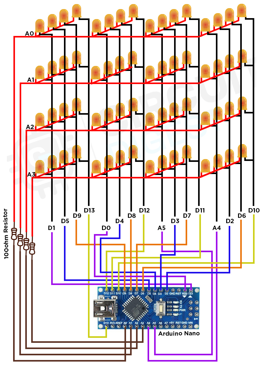 4x4x4 LED Cube Circuit Diagram using Arduino Nano