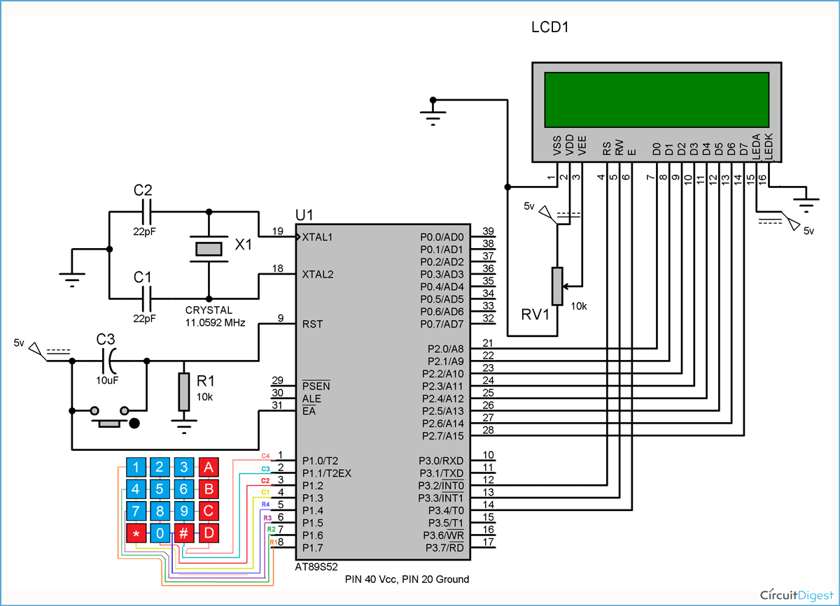 Circuit Diagram for Keypad Interfacing with 8051 Microcontroller