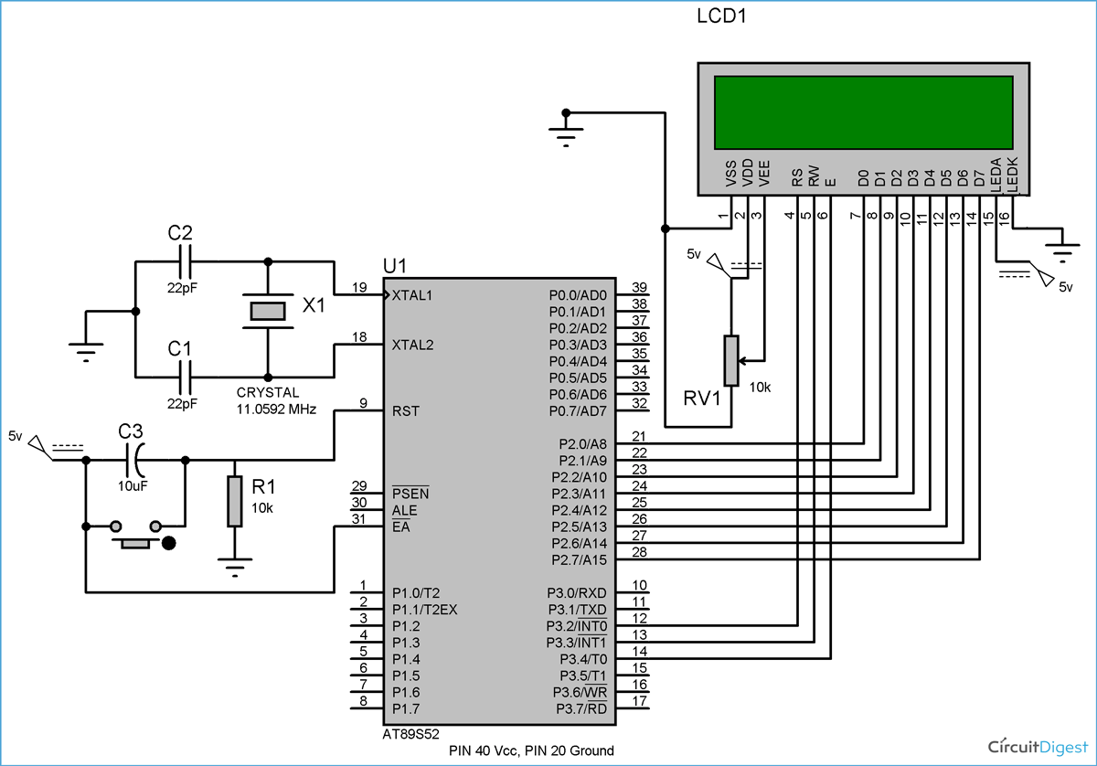 Circuit Diagram for Interfacing LCD with 8051 Microcontroller (89S52)