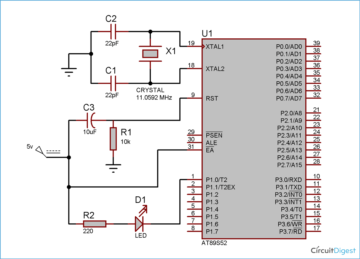 LED Interfacing with 8051 Microcontroller Circuit Diagram
