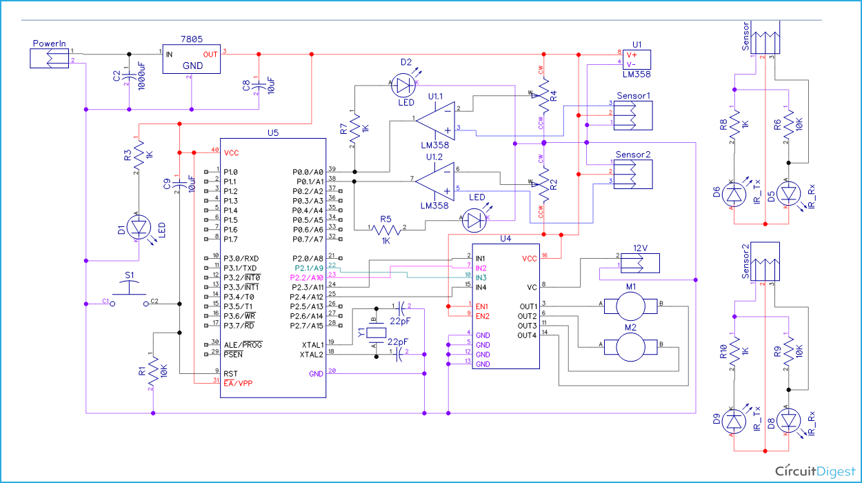 Line Follower Robot Circuit Diagram using 8051 Microcontroller