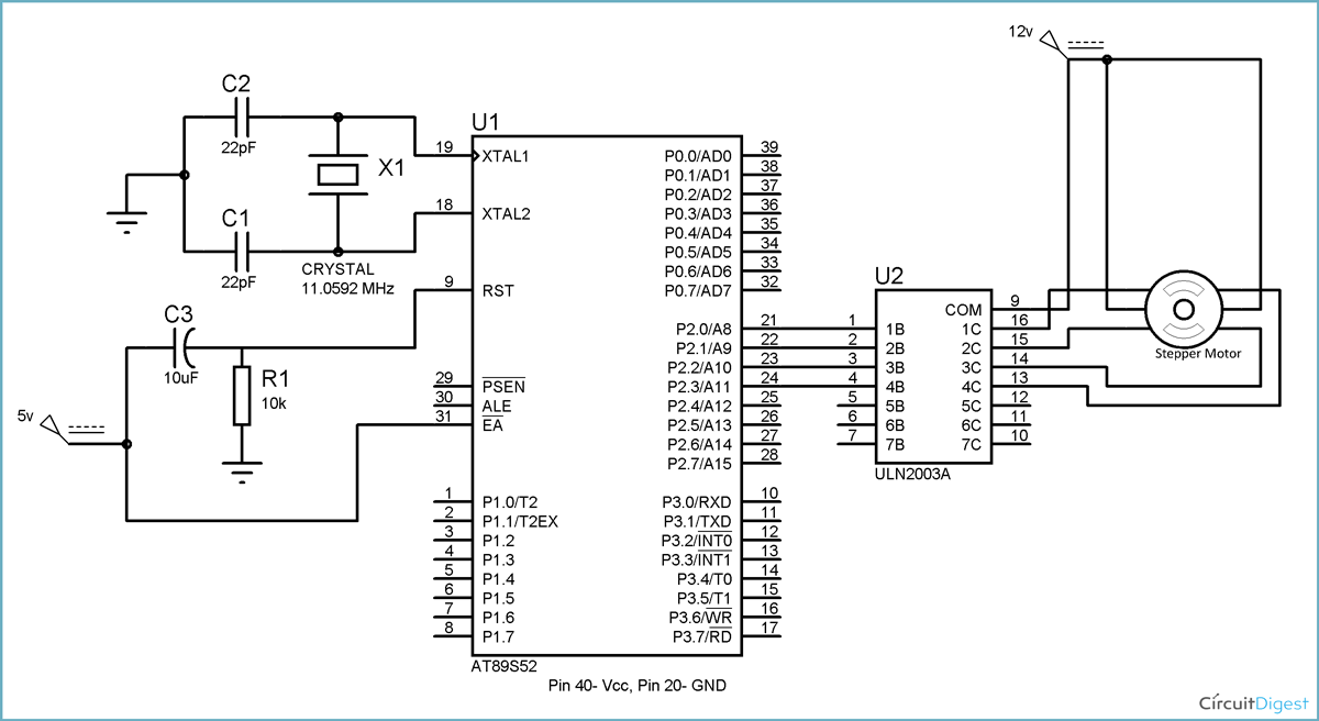 8051 Stepper Motor Interfacing Circuit Diagram