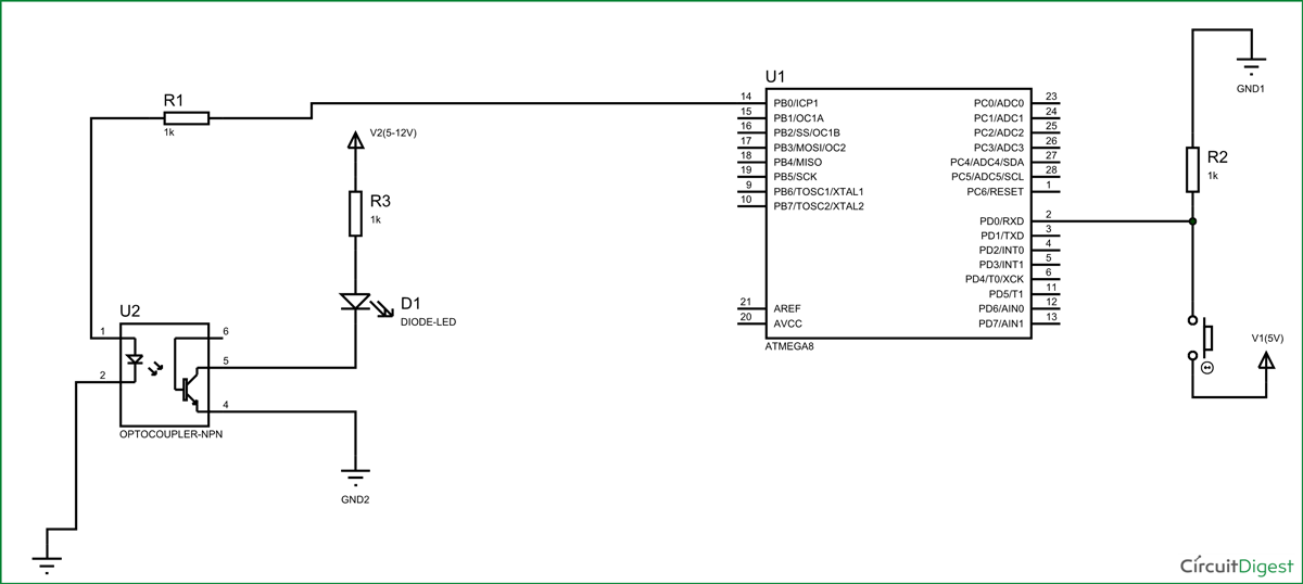 Circuit Diagram for Octocoupler with ATmega8 Microcontroller