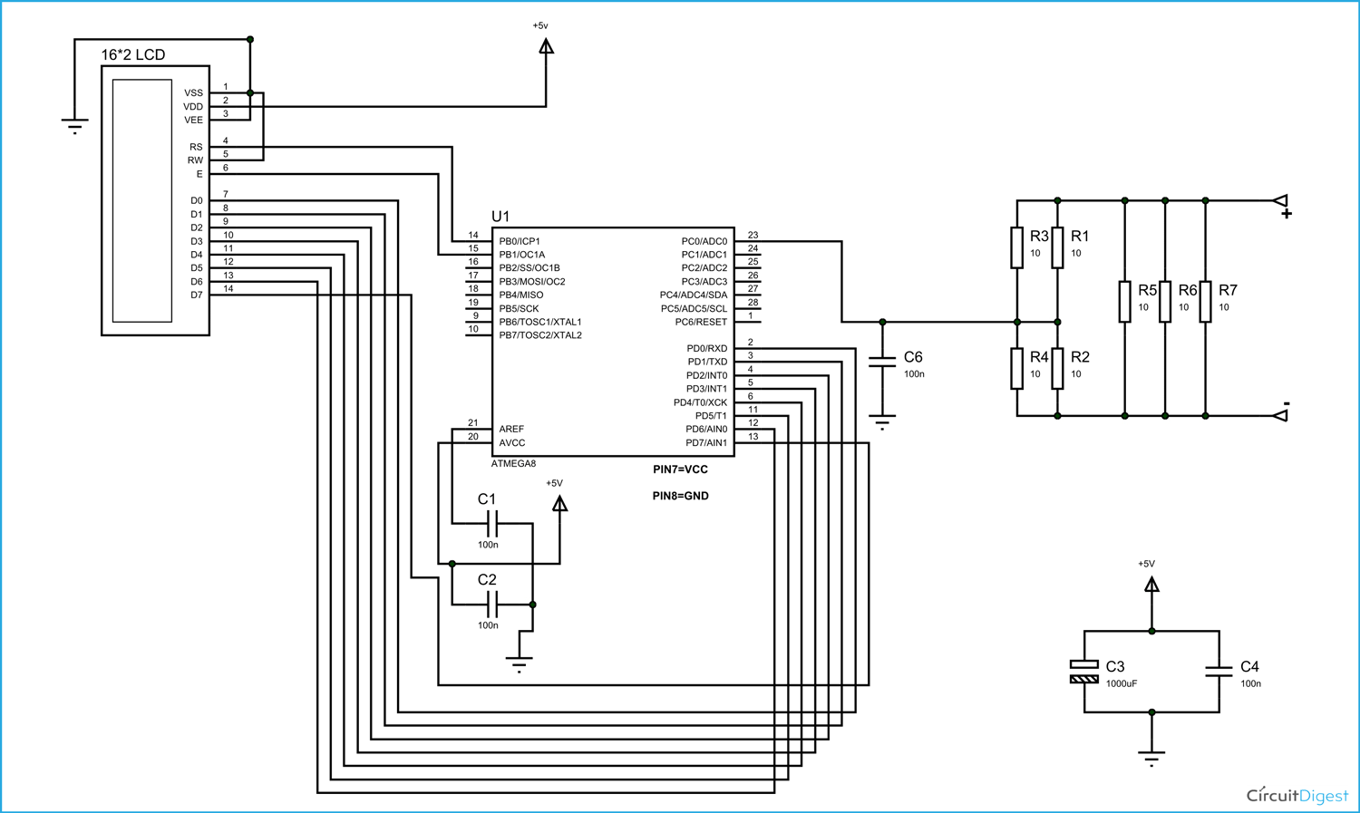 Digital Ammeter Circuit Diagram using AVR Microcontroller