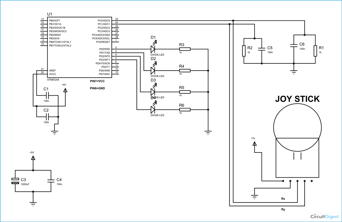 Circuit Diagram for Joystick Interfacing with AVR Microcontroller