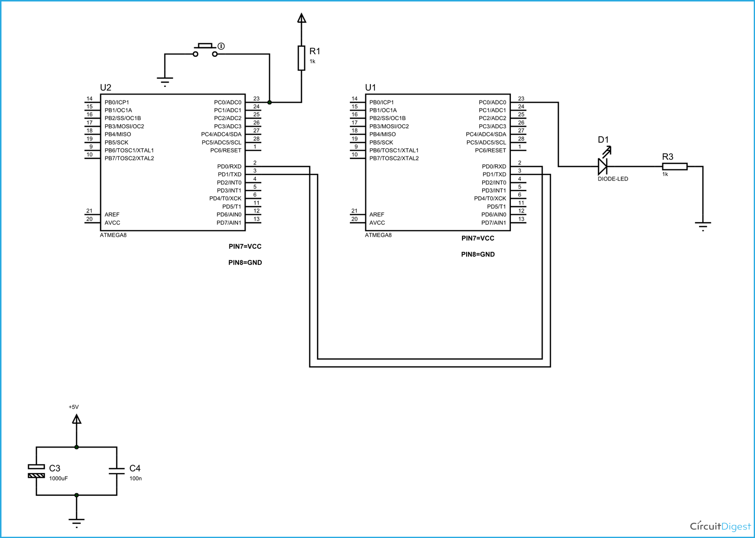 Circuit Diagram for UART Communication between two ATmega8 Microcontrollers