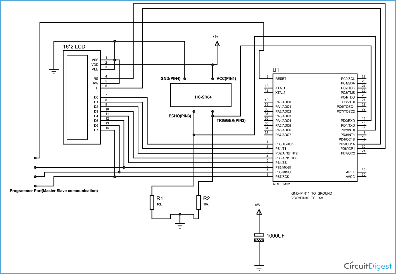 Circuit Diagram for Distance Measurement using Ultrasonic Sensor and AVR