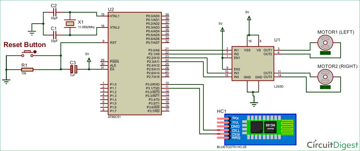 Android Controlled Robot Circuit diagram using 8051 Micro-controller