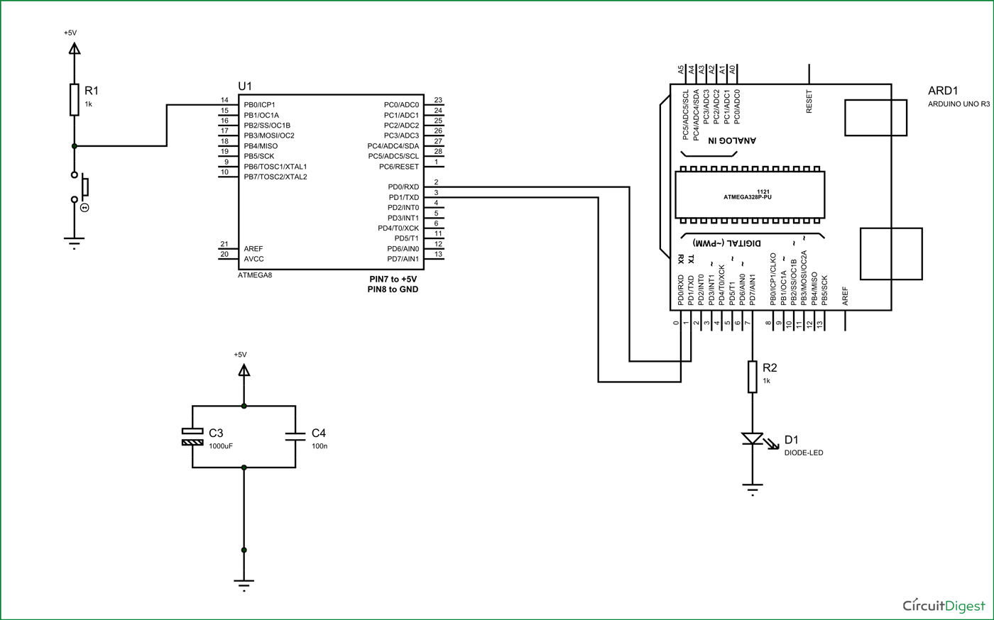 Circuit Diagram for UART Communication between ATmega8 and Arduino Uno