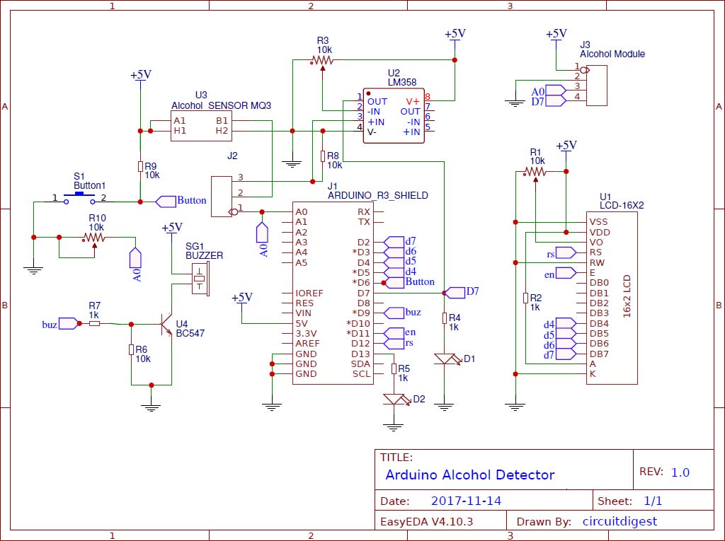 Arduino Alcohol Detector Circuit diagram