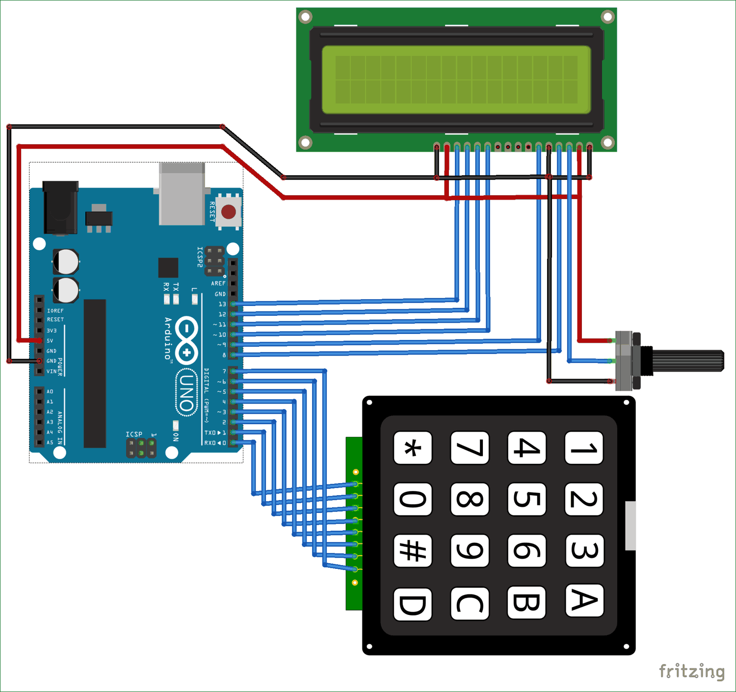 Arduino Calculator using 4x4 Keypad block diagram 16x2 lcd 