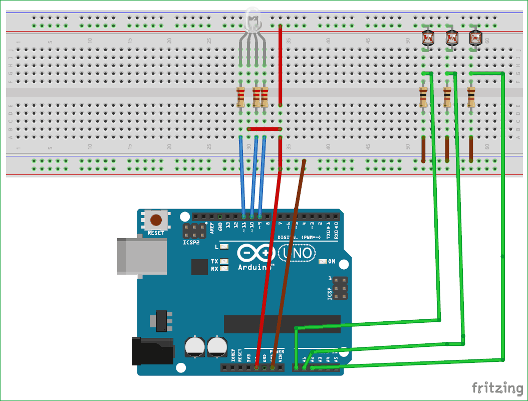 Arduino Color Mixing Lamp Circuit diagram using RGB and LDR