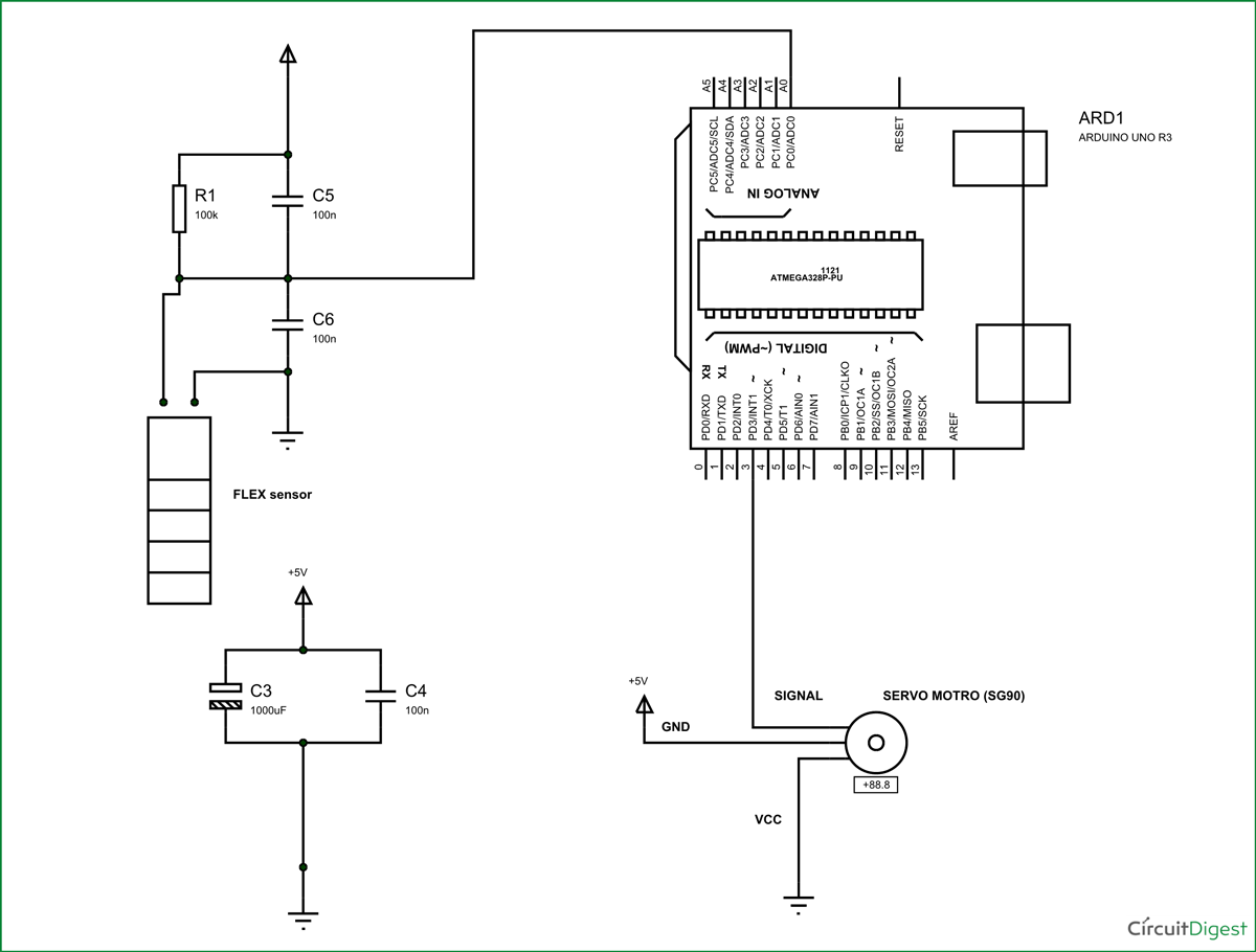 Circuit Diagram for Servo Motor Control with Flex Sensor using Arduino