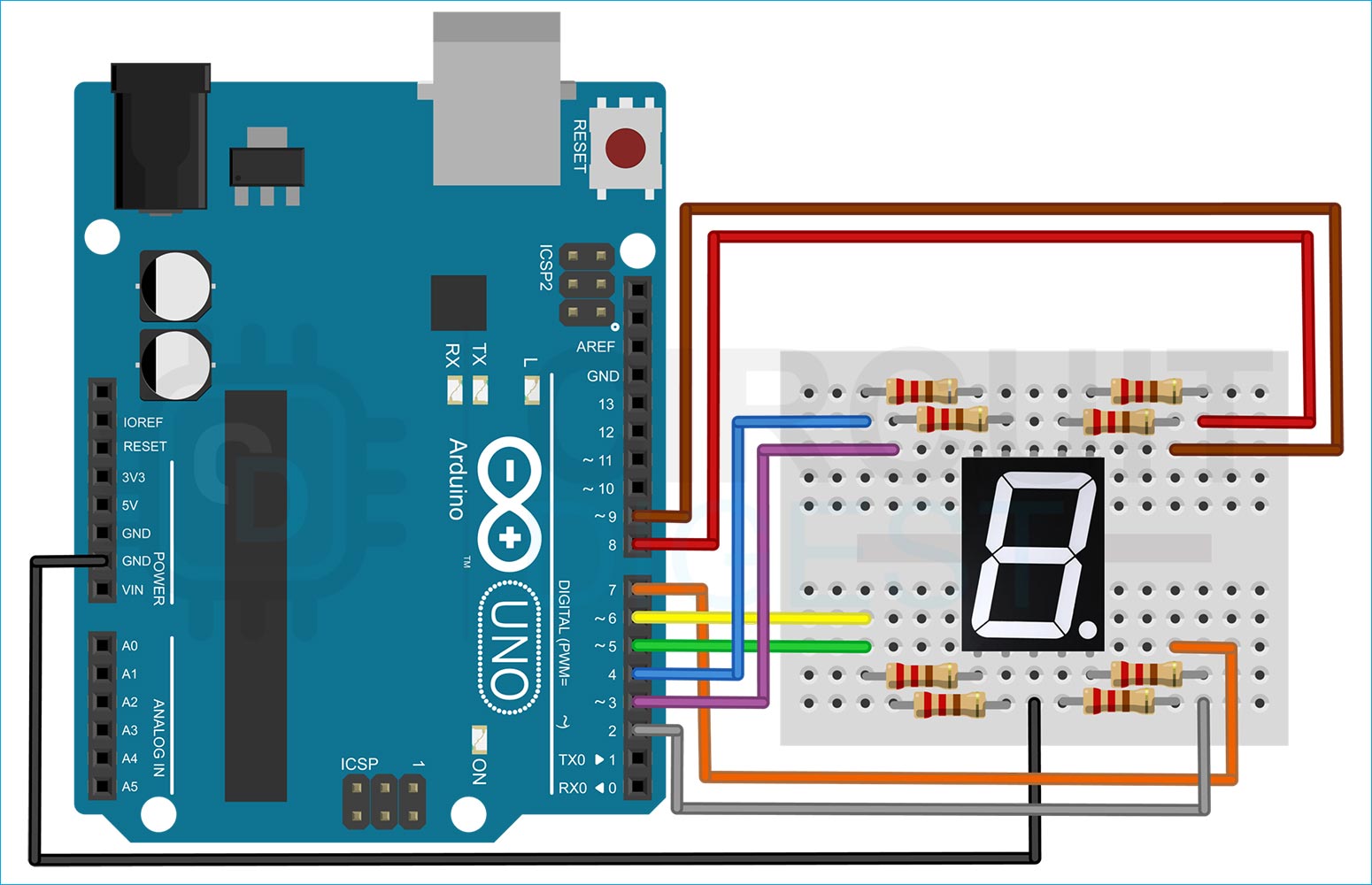 Arduino Seven Segment Display Interfacing Circuit Diagram