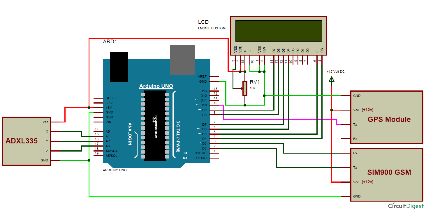 Arduino Based Vehicle Accident Alert System Project using ... block diagram 16x2 lcd 