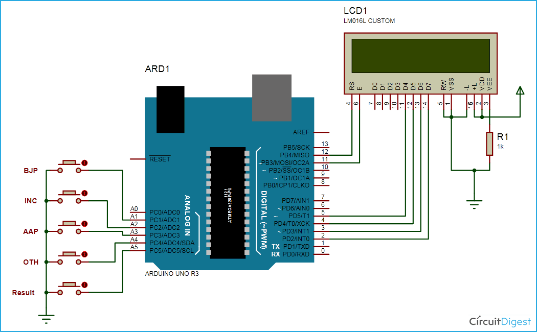 Arduino Based Electronic Voting Machine Circuit Diagram