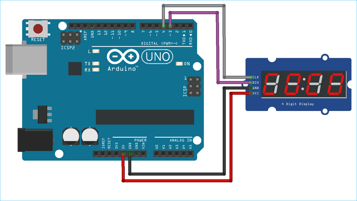 Arduino TM1637 4 Digit Seven Segment Display Module Interfacing Circuit Diagram