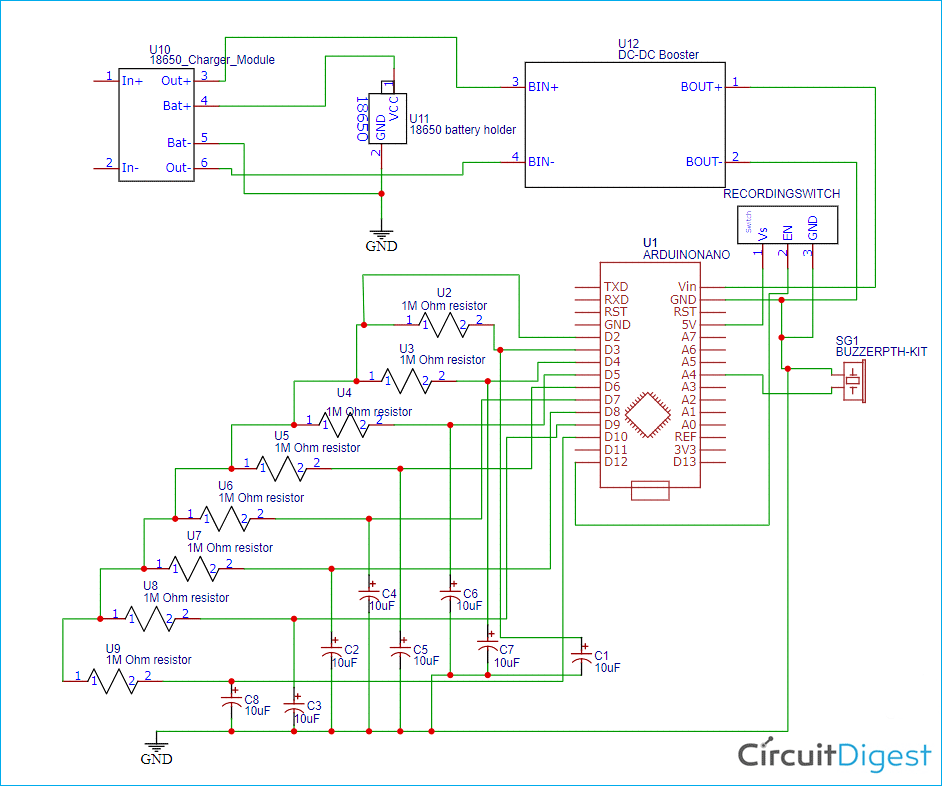 Arduino Based Touch Capacitive Piano Circuit Diagram