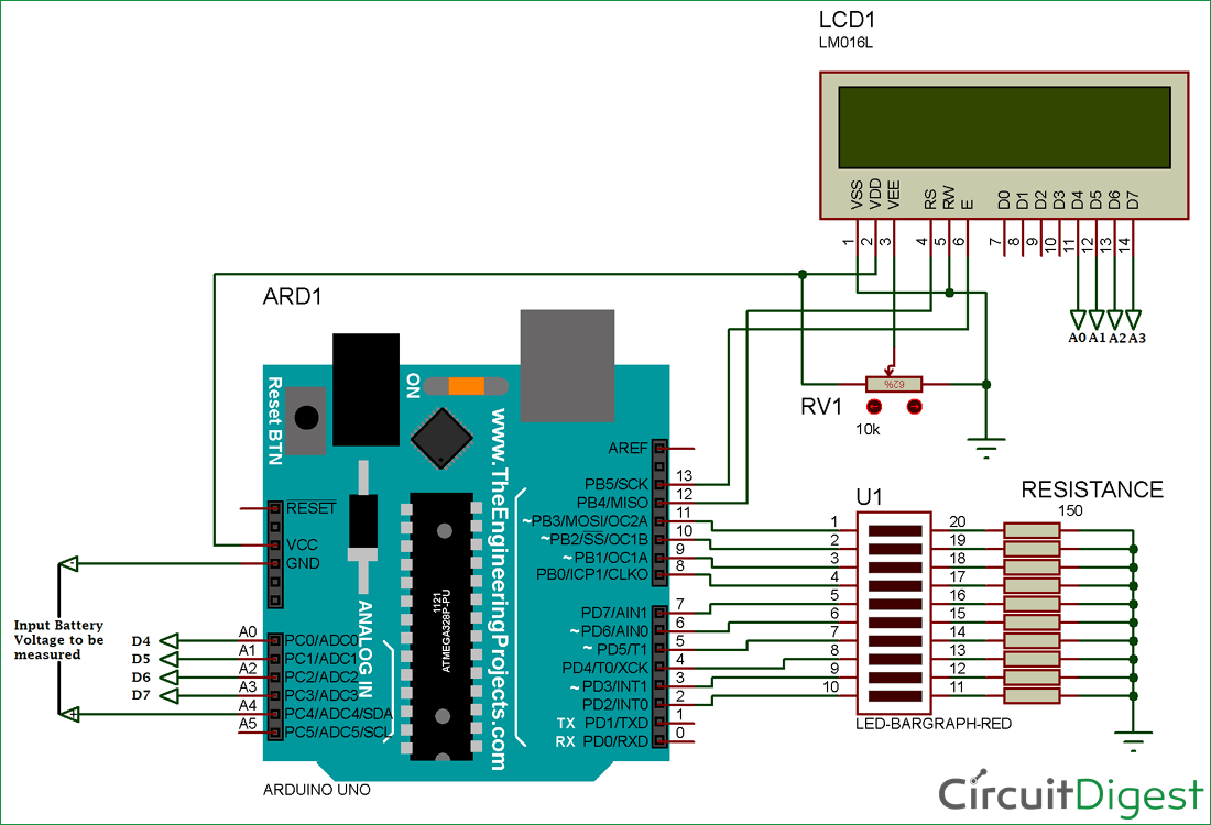 Battery Voltage Indicator Circuit Diagram using Arduino and LED Bar Graph