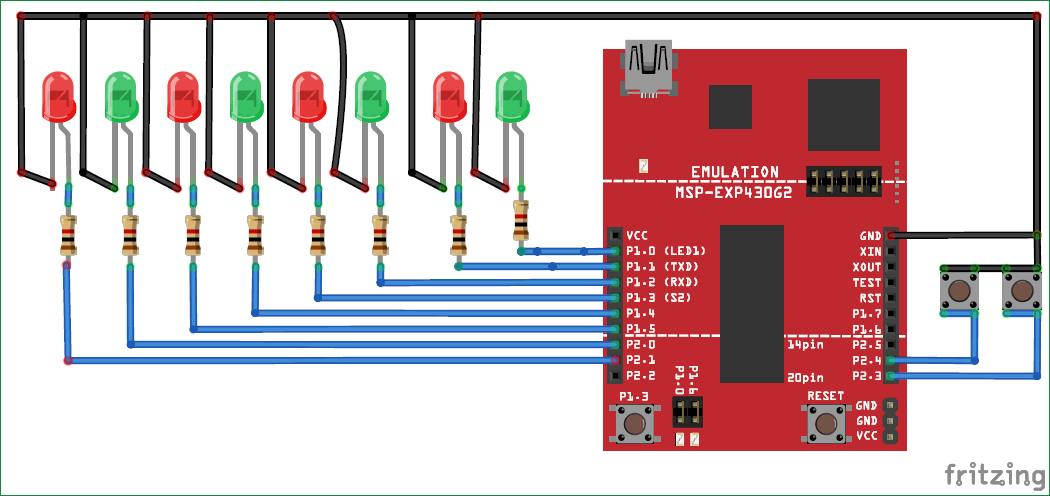 Blinking LED Sequence with MSP430G2 circuit diagram