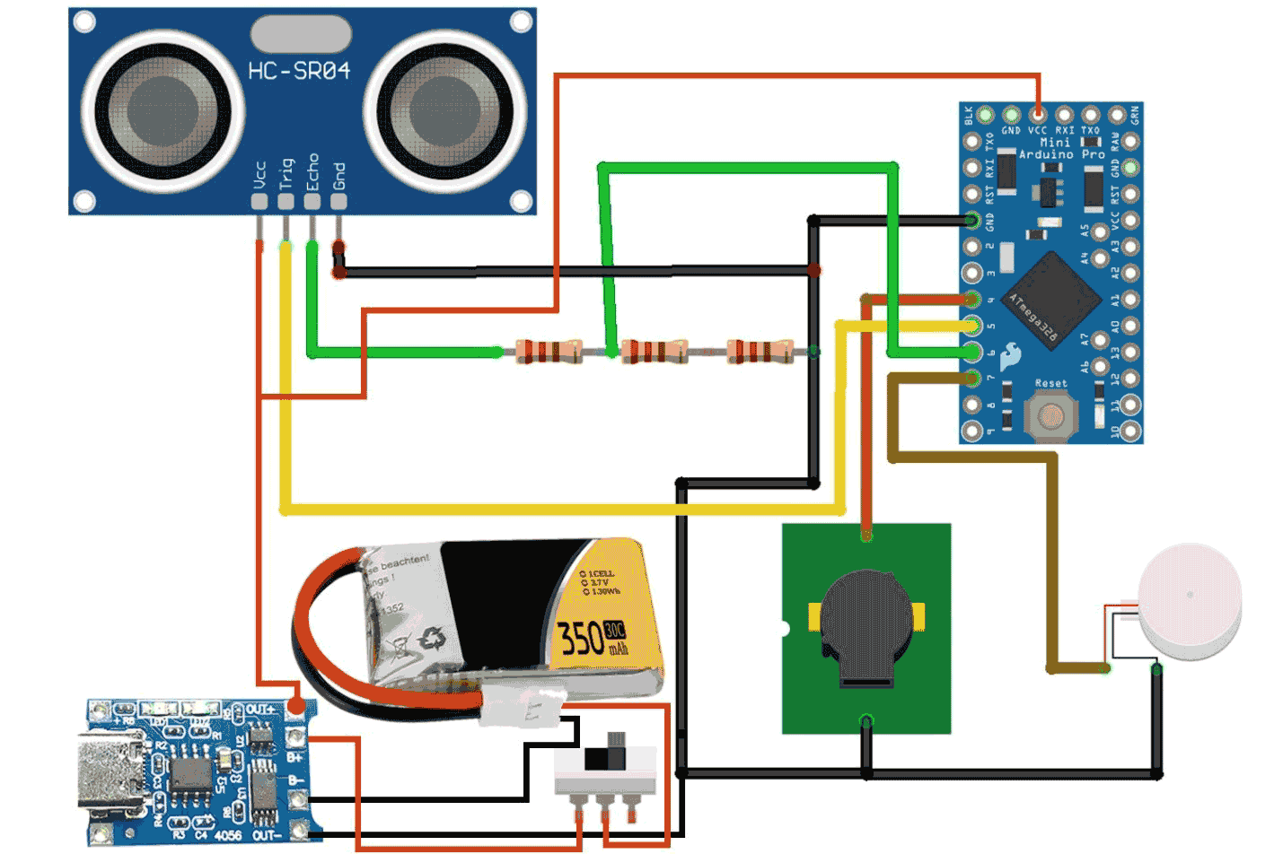 Circuit Diagram - Blind Stick using Arduino and Ultrasonic Sensor