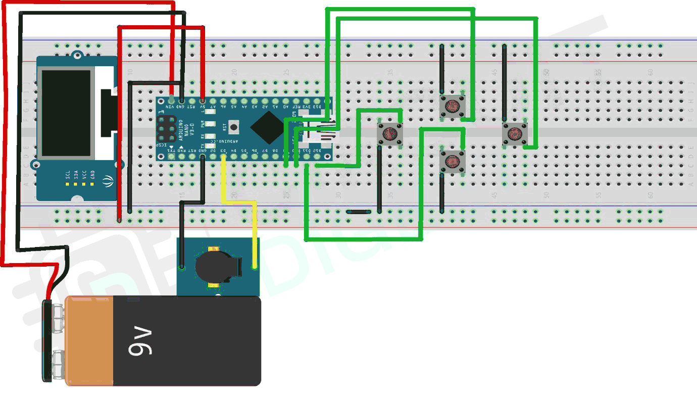 Circuit Diagram - Interfacing Arduino Nano and OLED Display for Tetris Game