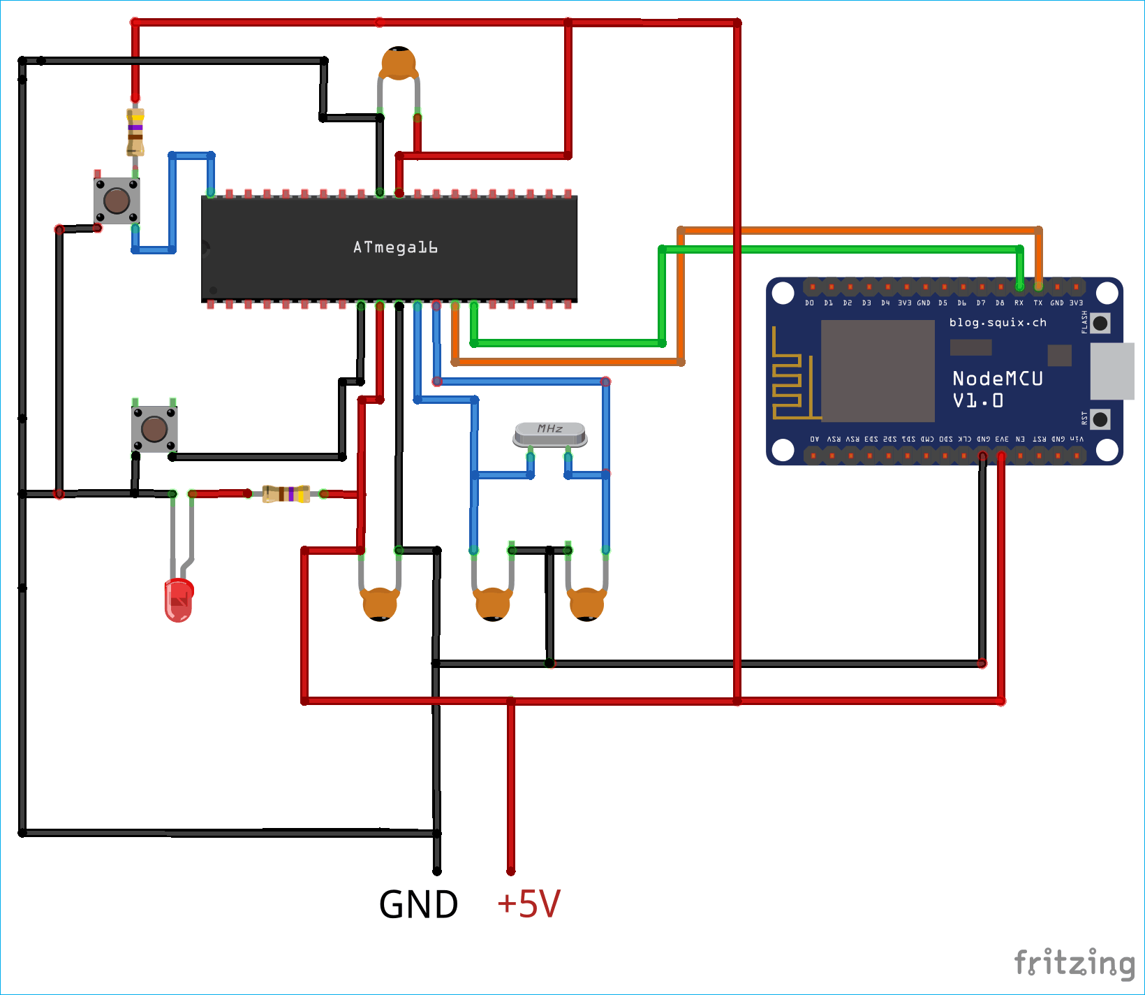 Circuit Diagram for Interfacing ESP8266 NodeMCU with AVR Microcontroller ATmega16