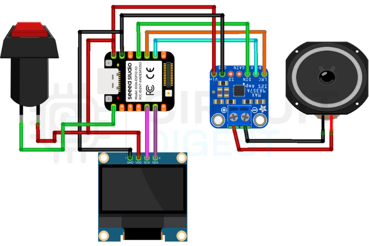 Circuit diagram of the ESP32 speaking alarm clock showing XIAO ESP32-S3 wired to MAX98357A I2S amplifier, SSD1306 OLED display, speaker, and push button