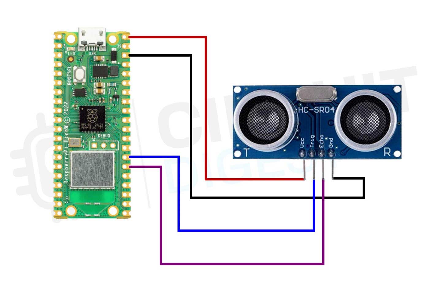 Circuit Diagram - Raspberry Pi Pico W Interfacing with an Ultrasonic Sensor