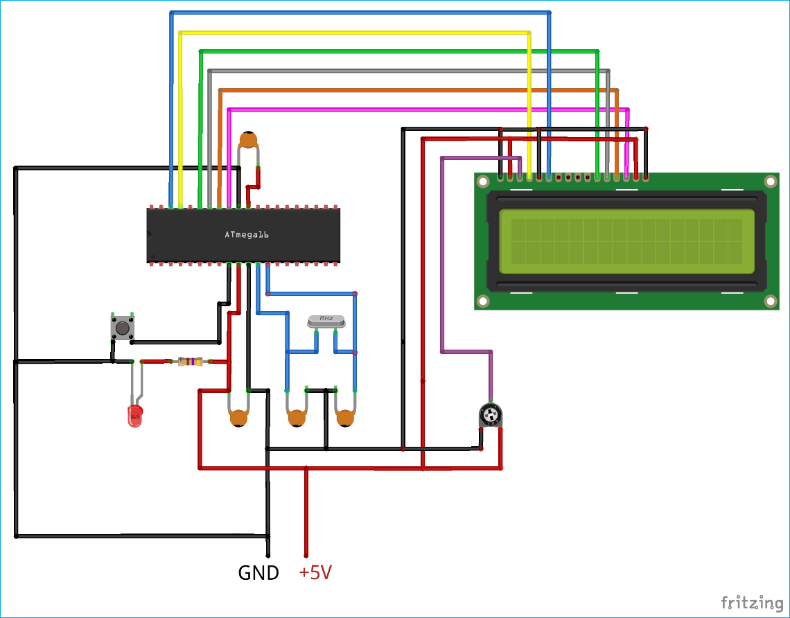 Circuit Diagram for 16x2 LCD with Atmega16 AVR Microcontroller