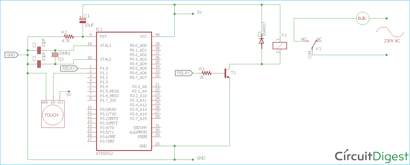 8051 Microcontroller Capacitive Touch Sensor Interfacing circuit diagram