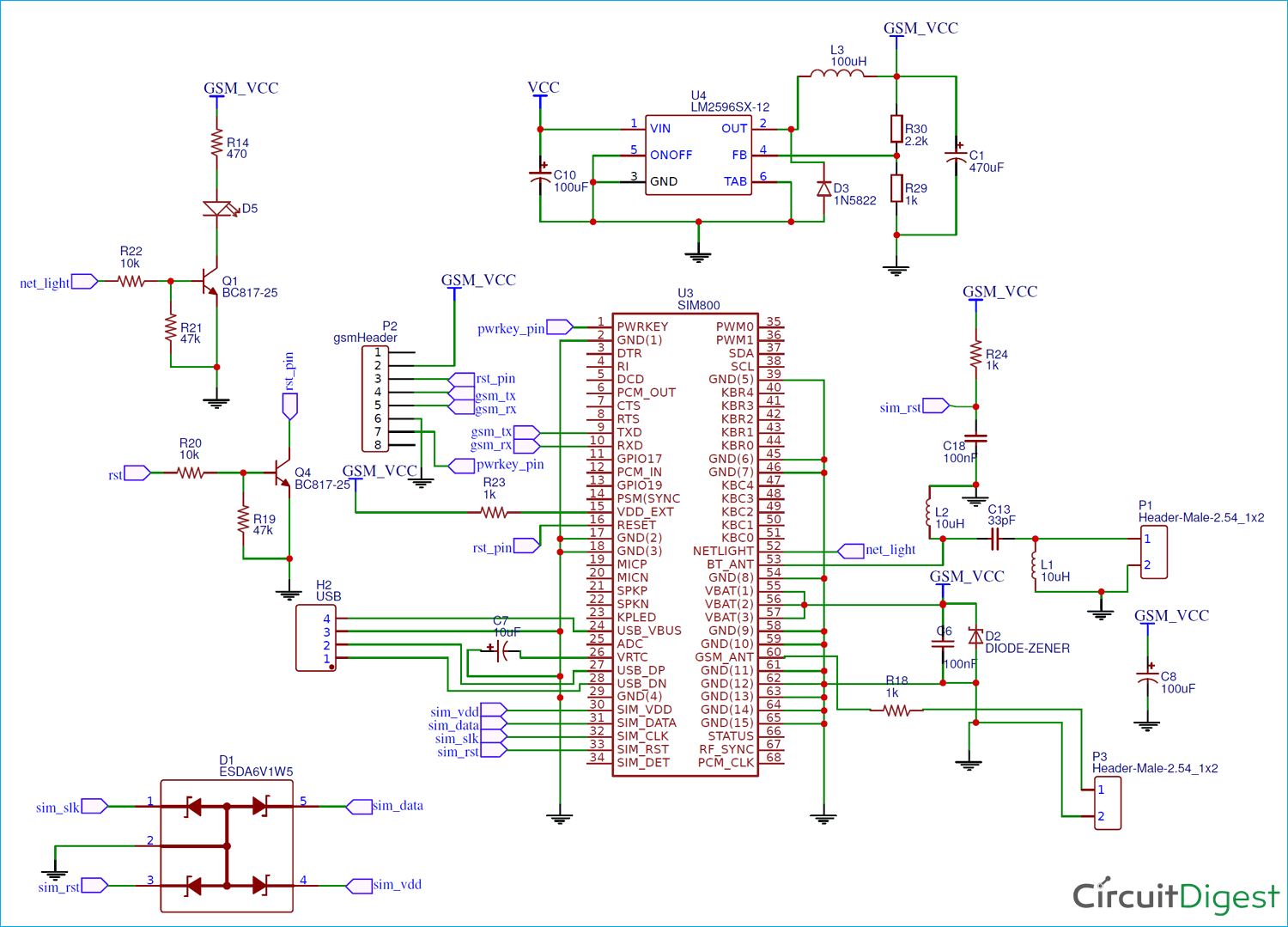 Circuit Diagram for DIY Location Tracker using GSM SIM800 and Arduino