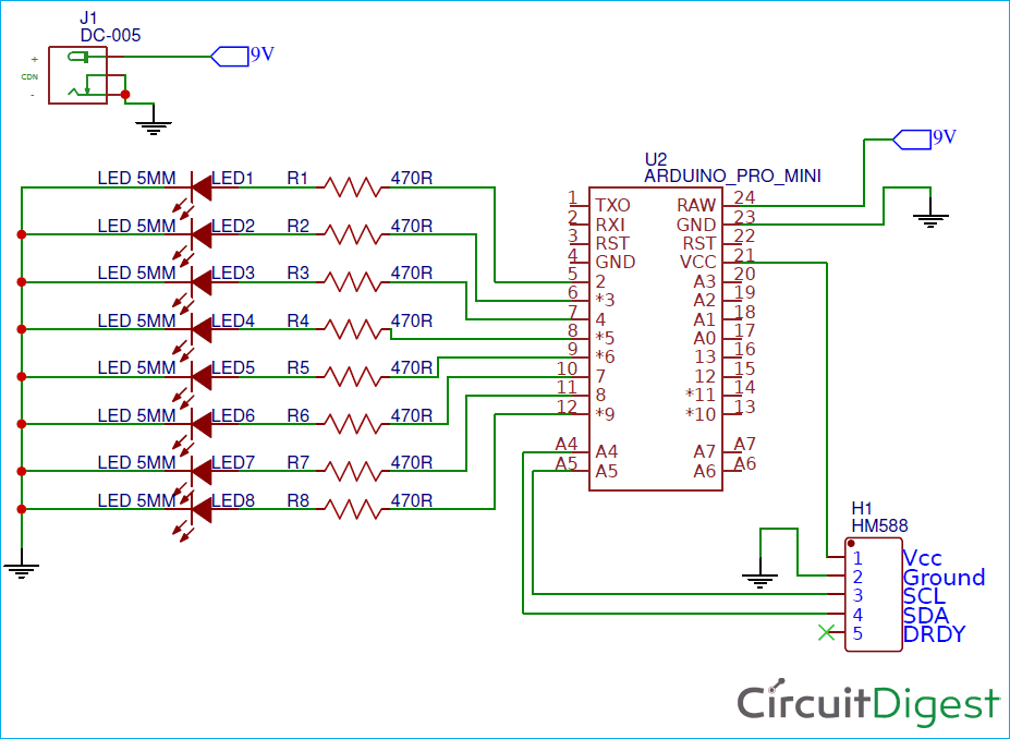 Circuit Diagram for Digital Compass using Arduino and HMC5883L Magnetometer