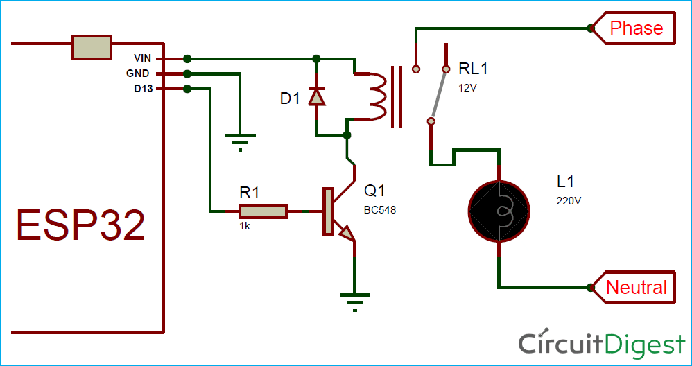 Circuit Diagram for ESP32 BLE Client – Connecting to Fitness Band to Trigger Bulb