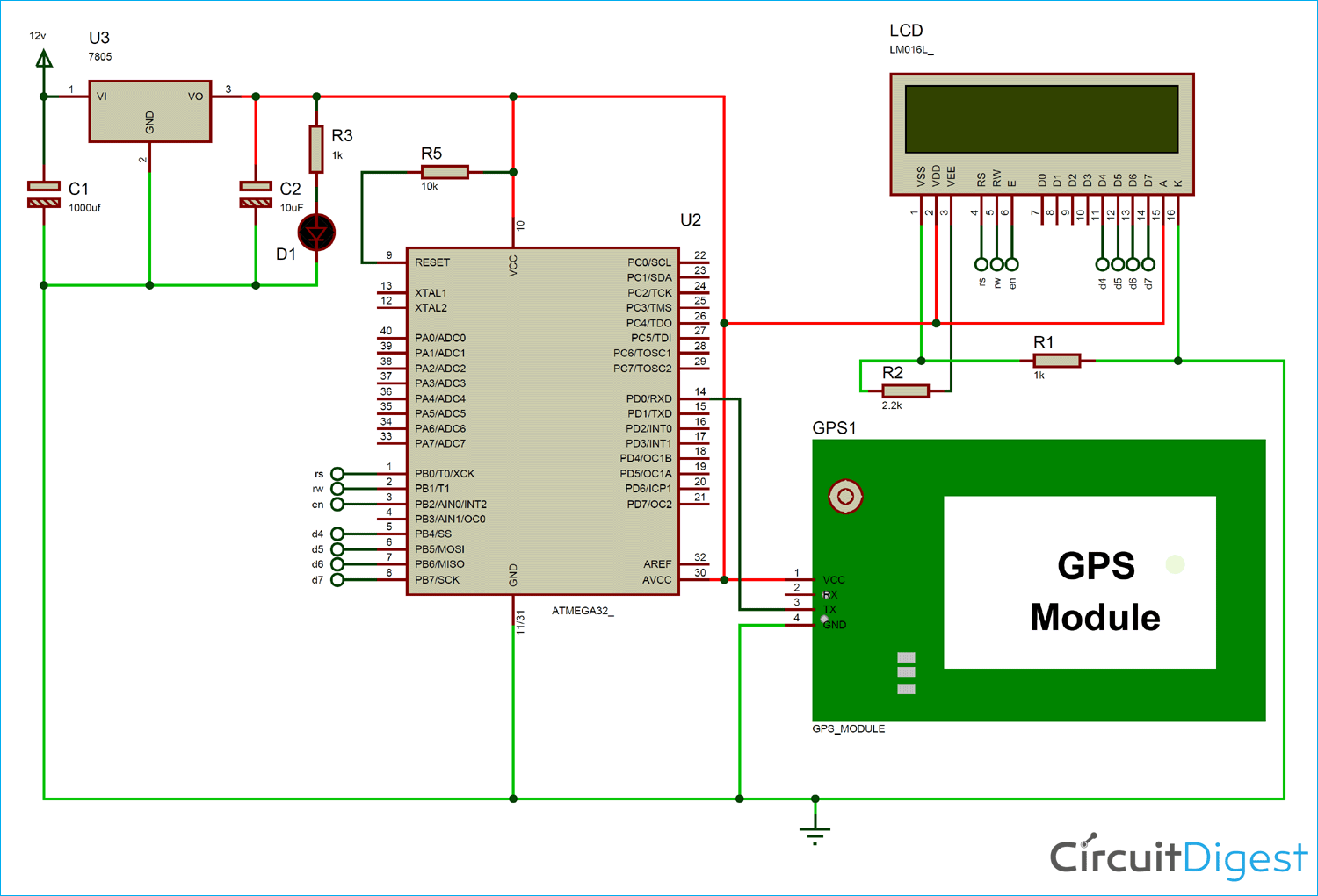 Circuit Diagram for GPS Interfacing with AVR Microcontroller
